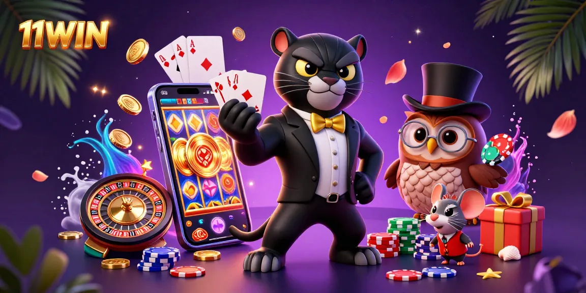 Experience winning excitement with 11WIN's illustrated casino scene featuring a stylish panther, owl, and lucky mouse.