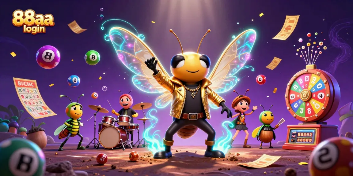 Experience the excitement with 88aa login as colorful lottery balls and a lively rock star band engage players in a dynamic scene.
