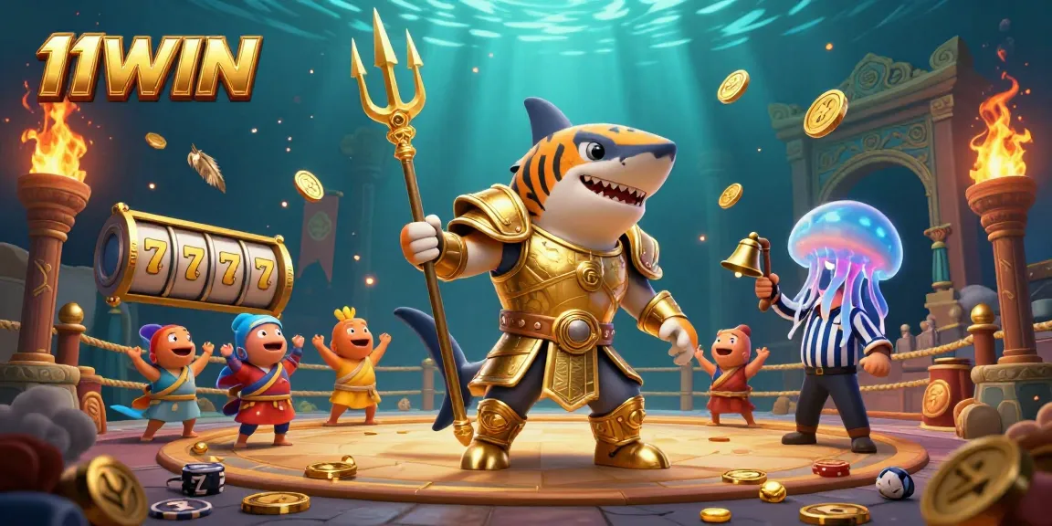 Engage with 11WIN's thrilling underwater casino scene featuring a tiger shark, vibrant game elements, and a unique atmosphere.