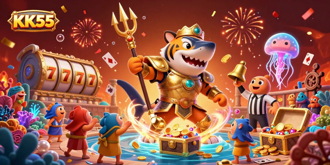 Join the thrilling experience at KK55 with a spectacular underwater scene featuring a fierce shark in gladiator armor.