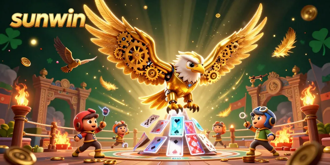Experience thrilling gameplay with the sunwin 3D illustration featuring a golden eagle diving through cards.
