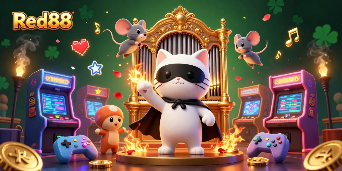 Experience immersive gaming with Red88, featuring lively 3D casino characters and arcade elements.