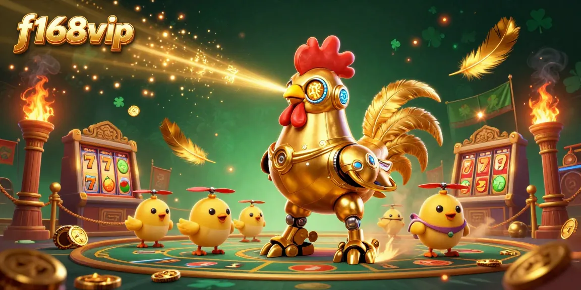 Engage with winning moments at f168vip, featuring a golden rooster robot amidst vibrant casino elements.