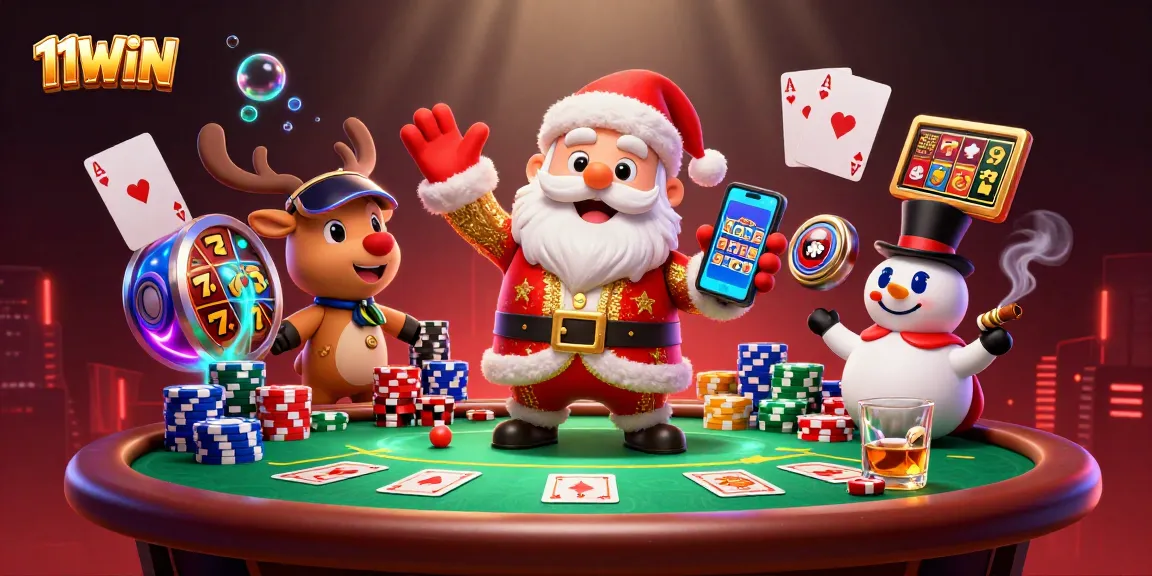 Experience excitement with 11WIN as Santa, a reindeer dealer, and a poker chip snowman celebrate jackpots.