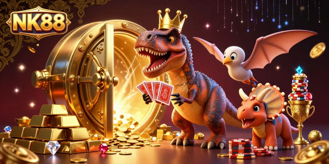 Engage in thrilling fun with NK88 as a dinosaur tries shuffling cards at a lively casino.